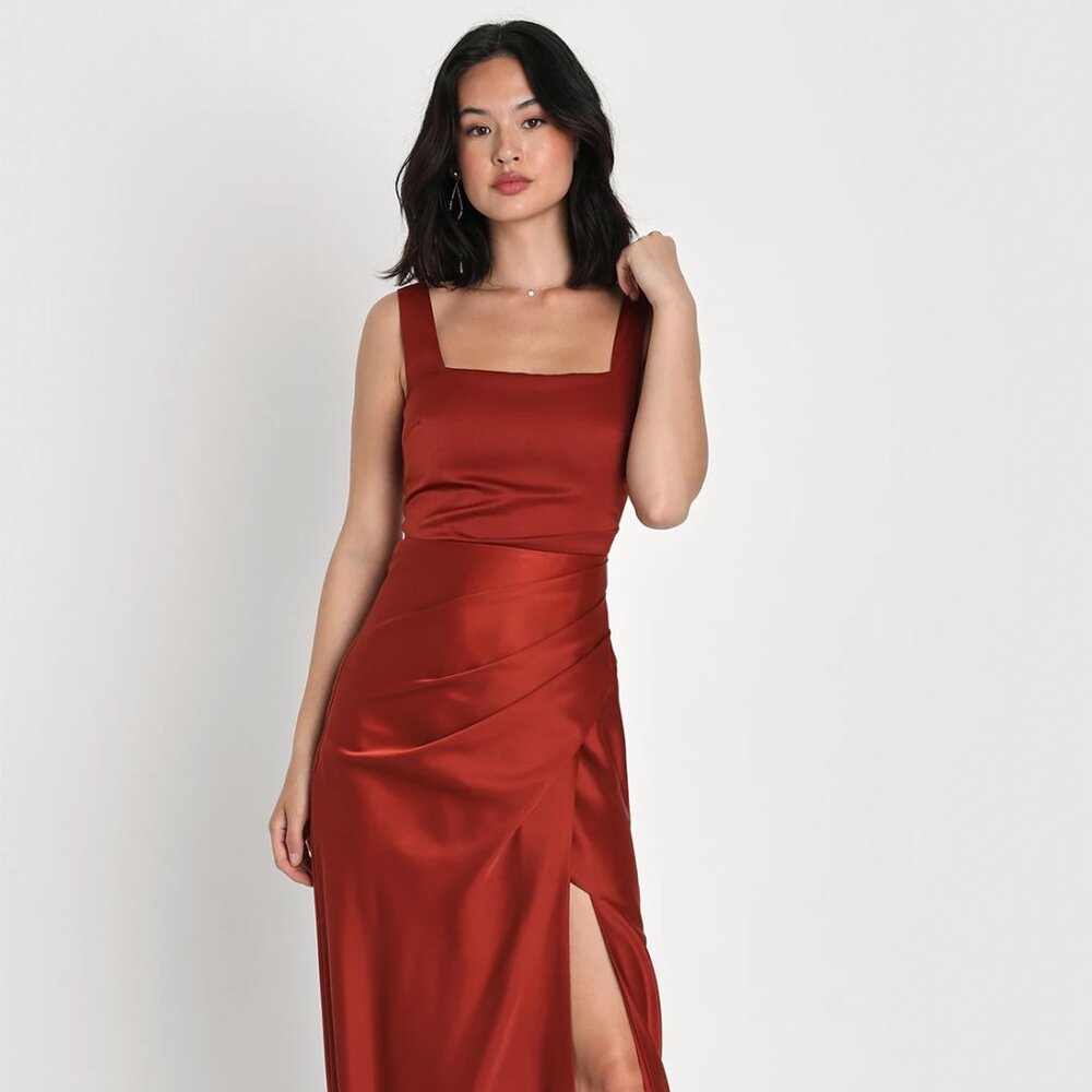 Red Carpet Romance Rust Orange Satin Square Neck Maxi Dress | Lulus